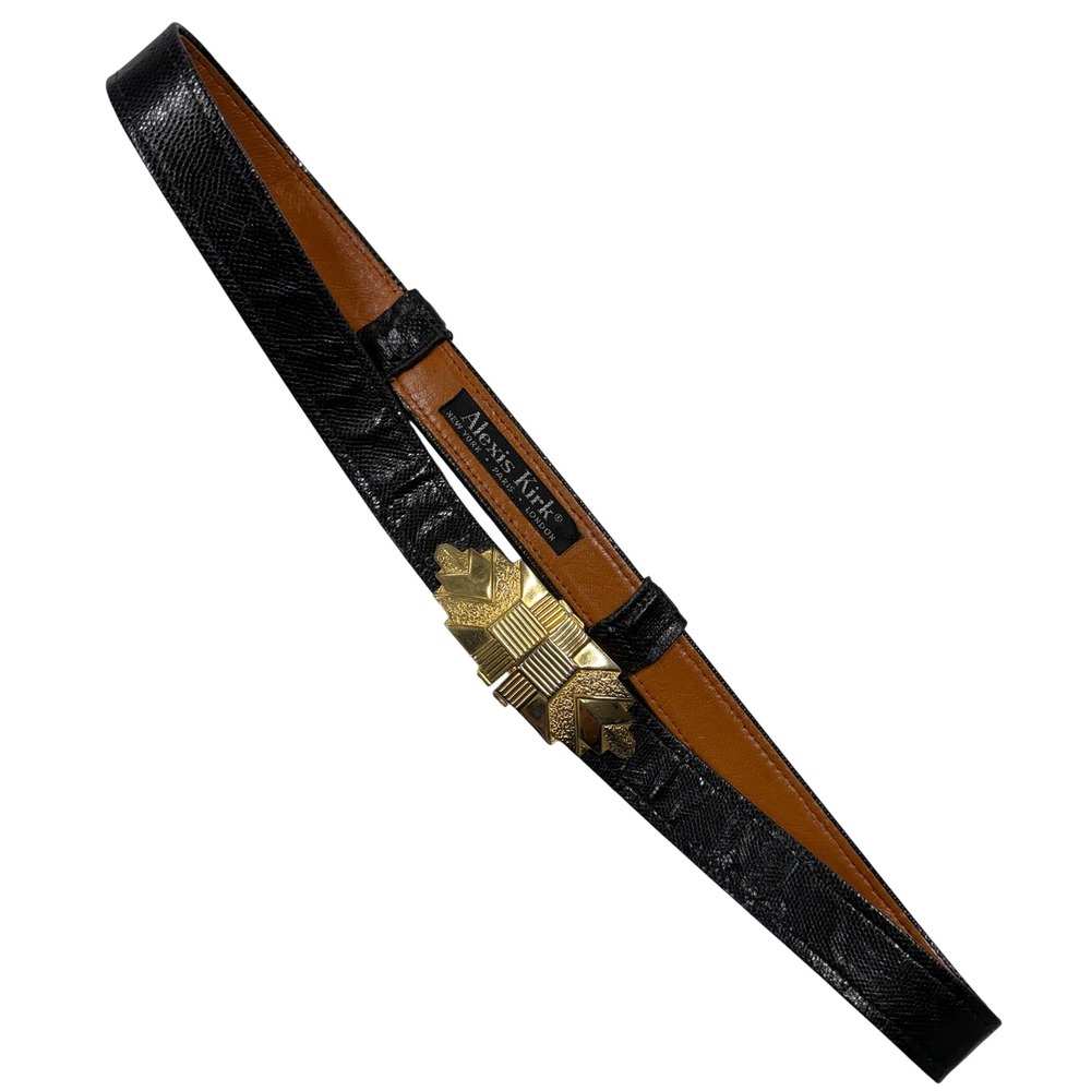 Vintage Alexis Kirk Black Lizard Embossed Leather Belt Gold Art Deco Buckle